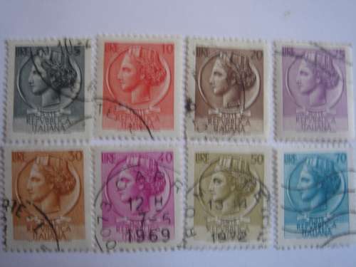 1968 Italia - Coin of Syracuse 5, 10, 20, 25, 30, 40, 50, 70 Lire used, stamped