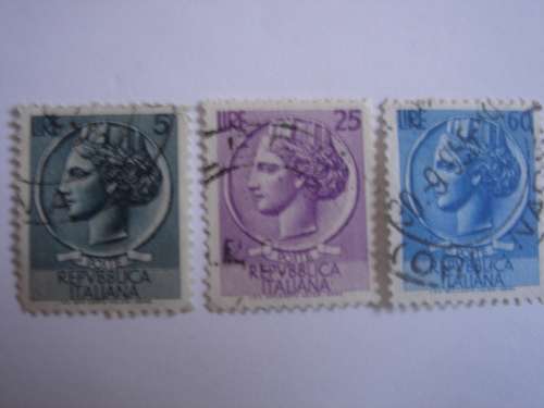 1953 Italia - Coin of Syracuse 5, 25, 60 Lire (watermark winged wheel) used, stamped