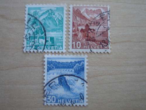 1936 Swiss Castles 5, 10, 30 (Rhine Falls) used, stamped