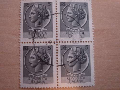 1955 Italy - Coin of Syracuse (small) 5 L block of four used, stamped (watermark stars)