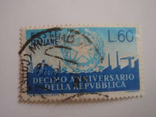 1956 Italia - 10th Anniversary of Republic 60 L used, stamped