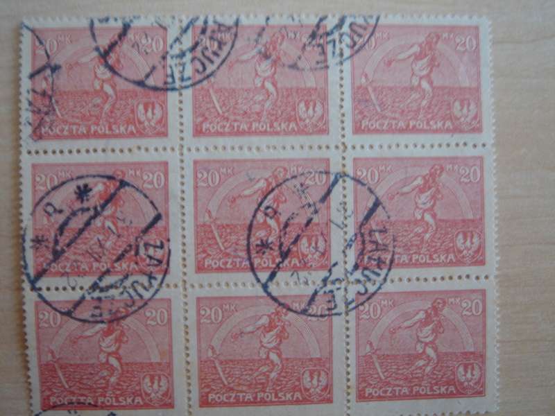 1921 Polska - Farmer 20 Mk. Block of 9 used, stamped