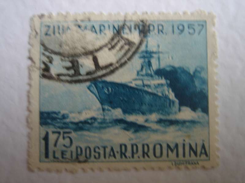 1957 Romania - Navy Day - Warship 1.75 L used, stamped