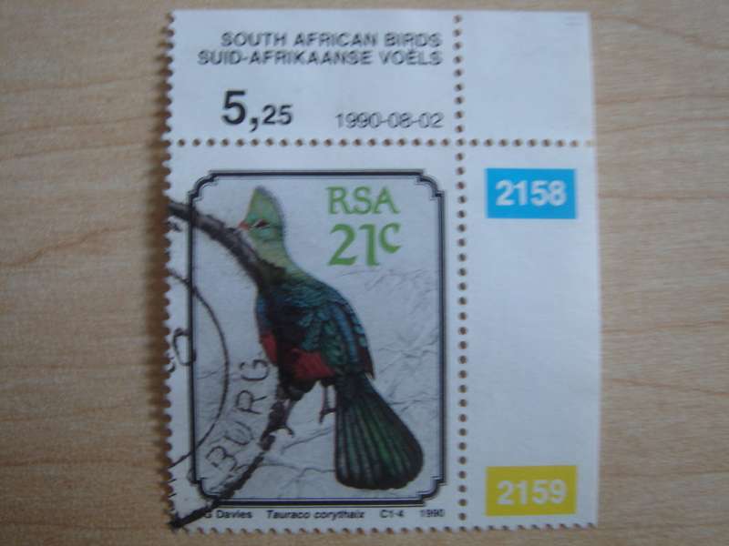 1990 RSA - Knysna Turaco 21 c used, stamped corner piece