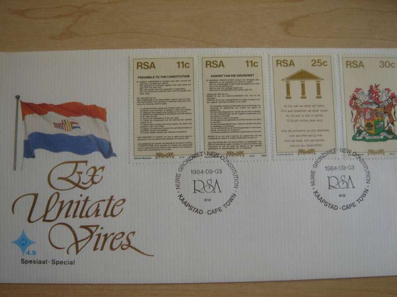 1984 RSA - Ex Unitate Vires 2x11 c horizontal pair, 25,30 c stamped on FDC