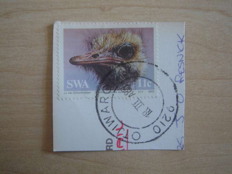 1985 SWA - Ostrich 11c on postal item, stamped in Otjiwarongo