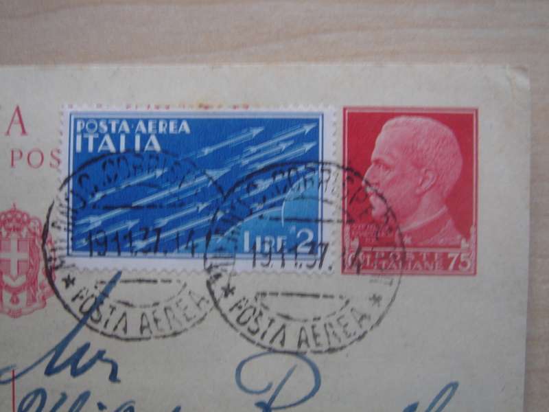 1930 Italia - Airmail 2 L used on postcard, stamped with 75 C King Emmanuel III (print)