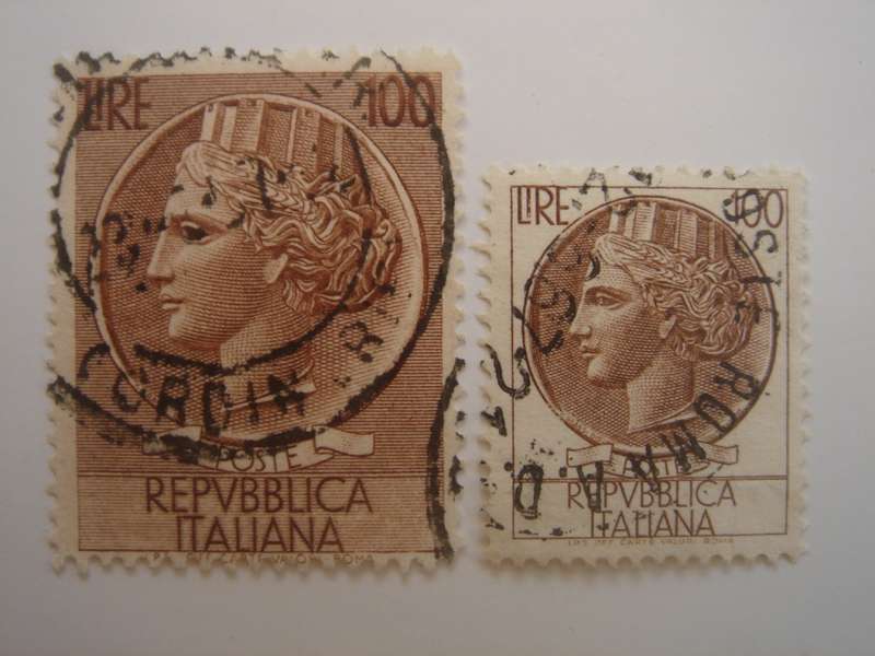 1953 Italia - Coin of Syracuse 100 Lire (large + small) used, stamped