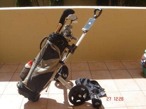 Fairway trolley with 15 piece set (Hippo irons, Dunlop, Spalding, Pro-Els drivers)