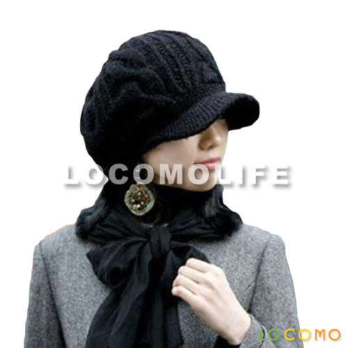 Women Lady Girl Slouchy Cabled Pattern Knit Beanie Crochet Rib Hat Brim Cap Warm Black FAF028BLK