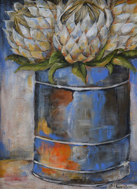"White Proteas" - original painting by K Bester (285x385mm)