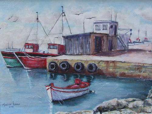 " Lambertsbaai hawe -Weskus" Stunning Oil glazed Acrylic painting by Marion Louw - 385x285mm