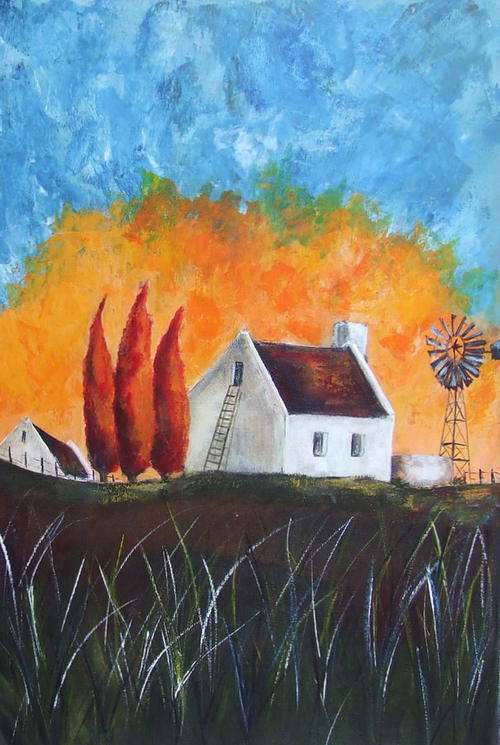 " On the farm" - Painting by K Bester  - Acrylic on canvas - 440x280mm