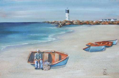 West Coast fisherman - acrylic on canvas 440x290mm by K Bester