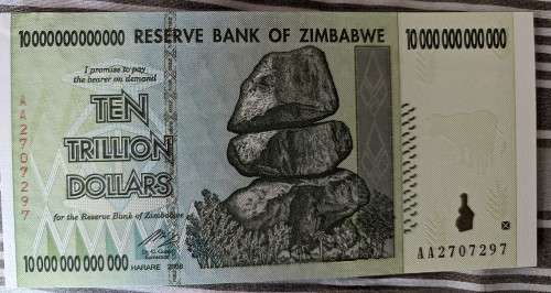 Zimbabwe Banknote, $10 Trillion Dollars, AA Series, 2008 UNC