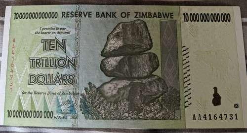 Zimbabwe Banknote, $10 Trillion Dollars, AA Series, 2008 UNC