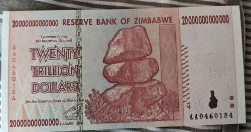 Zimbabwe Banknote, $20 Trillion Dollars, AA Series, 2008 UNC
