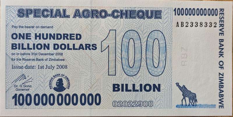 Zimbabwe 100 Billion Dollars Special Agro Cheque, 2008, P-64, UNC