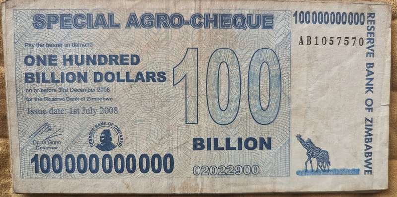 Zimbabwe 100 Billion Dollars Special Agro Cheque, 2008, P-64, Used