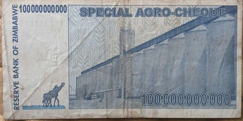 Zimbabwe 100 Billion Dollars Special Agro Cheque, 2008, P-64, Used