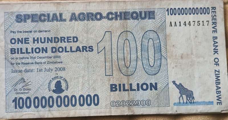 Zimbabwe 100 Billion Dollars Special Agro Cheque, 2008, P-64, Used