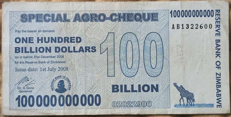 Zimbabwe 100 Billion Dollars Special Agro Cheque, 2008, P-64, Used