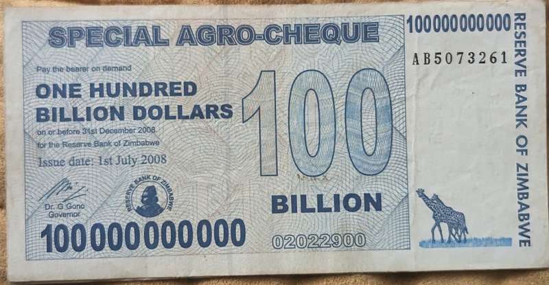 Zimbabwe 100 Billion Dollars Special Agro Cheque, 2008, P-64, Used