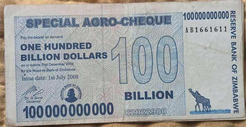 Zimbabwe 100 Billion Dollars Special Agro Cheque, 2008, P-64, Used