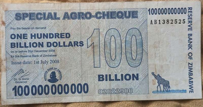 Zimbabwe 100 Billion Dollars Special Agro Cheque, 2008, P-64, Used
