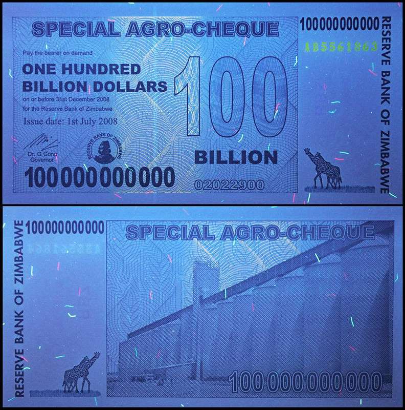Zimbabwe 100 Billion Dollars Special Agro Cheque, 2008, P-64, UNC