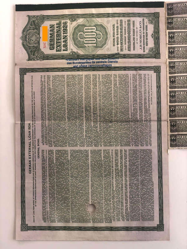 German External Loan, 7% Gold Bond - $1,000, 1924, with 19 coupons, with PASS-CO