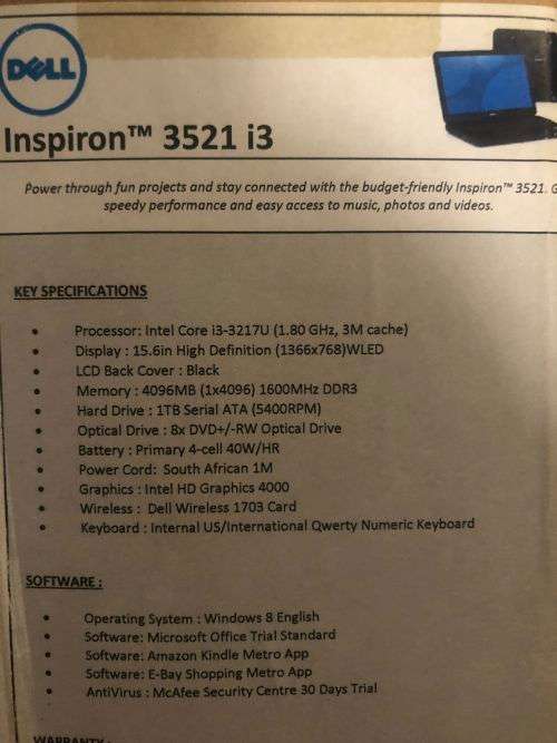 Dell Inspiron 3521 i3 1TB hard drive with Original Box