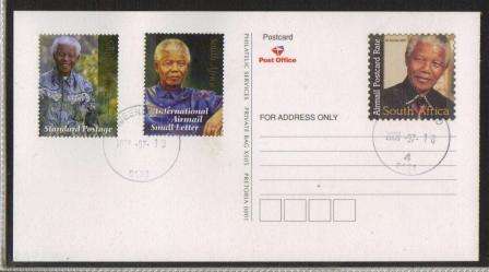 RSA 2008 MANDELA BOOKLET POSTCARD WITH BOTH 90TH BIRTHDAY STAMPS CANCELLED ON HIS BIRTHDAY 18/7/2008