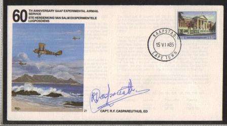 SA AIR FORCE (SAAF) FLIGHT COVER # 21 60TH ANNIV EXP AIRMAIL SERVICE SIGNED CAPT CASPAREUTHUS