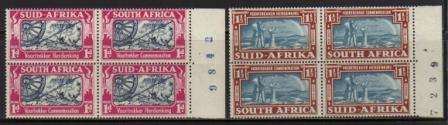 UNION SA 1938 COMMEMORATION OF VOORTREKKERS MNH MARGINAL BLOCKS OF 4 WITH BLACK SHEET NUMBERS
