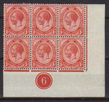 UNION SACC3 1d CORNER BLOCK OF 6 PLATE 6 HINGED ON 1 STAMP ONLY