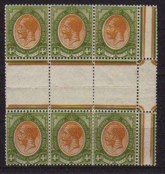 UNION 1913 KINGS HEADS 4d GUTTER BLOCK OF 6 WITH INVERTED WATERMARK HINGED ON 1 STAMP & GUTTER