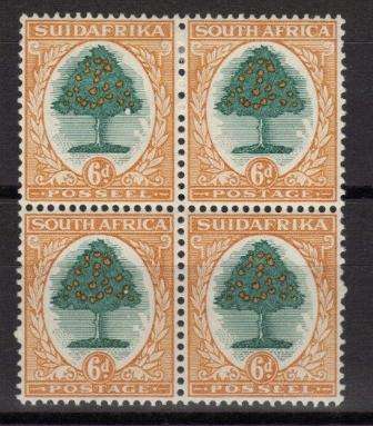 UNION SA 1931 ROTO PRINTING 6d MINT BLOCK OF 4 SACC 48 WITH WHITE ORANGES AND INV WMK
