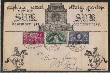UNION 1949 INAUGURATION VOORTREKKER MONUMENT SET ON ILLUSTRATED COVER CXD VOORTREKKER MONUM 16/12/49