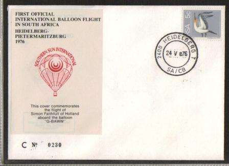 AVIATION 1976 FLIGHT COVER BALLOON FLIGHT HEILDELBURG TO PIETERMARITZBURG # C230