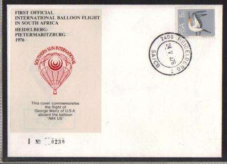 AVIATION 1976 FLIGHT COVER BALLOON FLIGHT HEILDELBURG TO PIETERMARITZBURG # I230