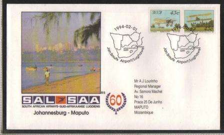 SA AIRWAYS (SAA) FLIGHT COVER # 65 JHB-MAPUTO WITH STAMP # 3&4