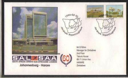 SA AIRWAYS (SAA) FLIGHT COVER # 66 JHB-HARARE WITH STAMP # 1&2