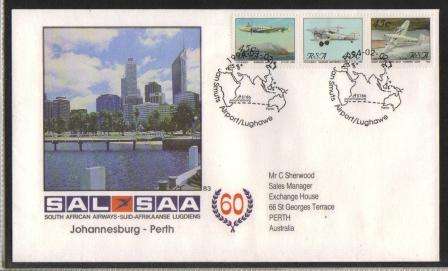 SA AIRWAYS (SAA) FLIGHT COVER # 83 JHB-PERTH WITH STAMP # 16&17&18