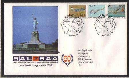 SA AIRWAYS (SAA) FLIGHT COVER # 87 JHB-NEW YORK WITH STAMP # 23&24&25