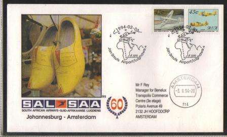 SA AIRWAYS (SAA) FLIGHT COVER #95 JHB-AMSTERDAM WITH STAMP #18&19