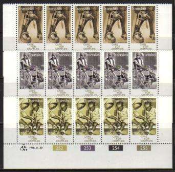 TRANSKEI 1978 CRIPPLES SET OF 3 MNH CONTROL STRIPS OF 5