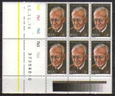 RSA 1977 PROF J DU TOIT (TOTIUS) MNH CONTROL BLOCK OF 6