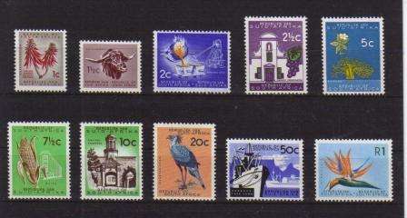 RSA 1ST DEFINITIVES 10 MNH SINGLES 1963-1967 RSA WATERMARK FLUORESCENT FRONT & BACK