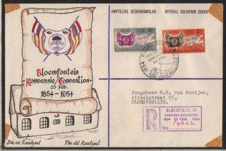 UNION 1954 CENTENARY OFS REG COVER CXD BLOEMFONTEIN CONVENTION 23/2/54 AS PER SCAN